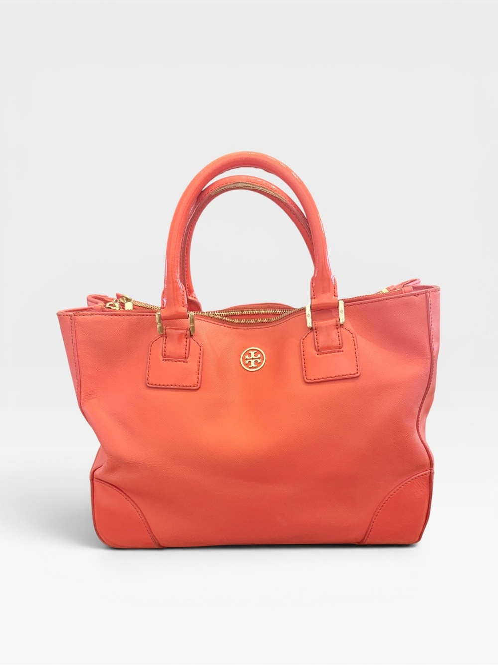 Tory Burch Red Orange Leather Robinson Double Zip Tote with Gold Hardware GUC